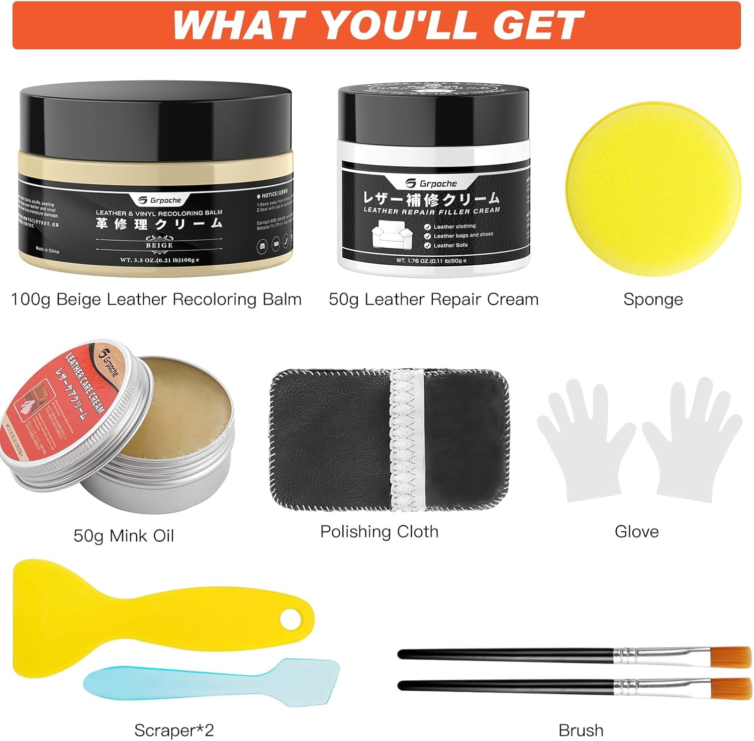 JJEAN-Leather Recoloring Balm Beige, Mink Oil Leather Conditioner & Leather Filler Cream, Leather Repair Kit for Furniture,Vinyl Repair Kit Restore Couches, Car Seats, Purse, Scratch, Peeling, Burn H