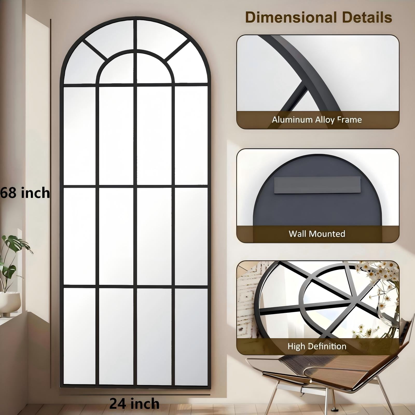 Easy4Home 24"x68" Arched Full Length Windowpane Mirror Decorative Floor Mirror Wall-Mounted, Black