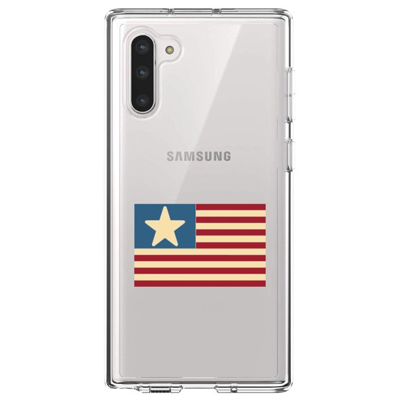 DistinctInk Clear Shockproof Hybrid Case for Samsung Galaxy Note 10 (6.3" Screen) - TPU Bumper Acrylic Back Tempered Glass Screen Protector - USA Single Star Flag Red White & Blue