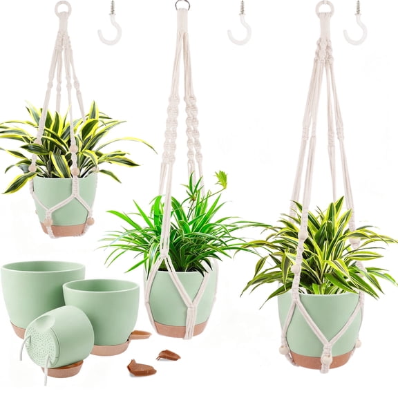 West Bay 3 Set Hanging Planters with Macrame Plant Hangers for Indoor Outdoor Plants Self Watering Pots Hanging Baskets Flower Pot Holders (Green)