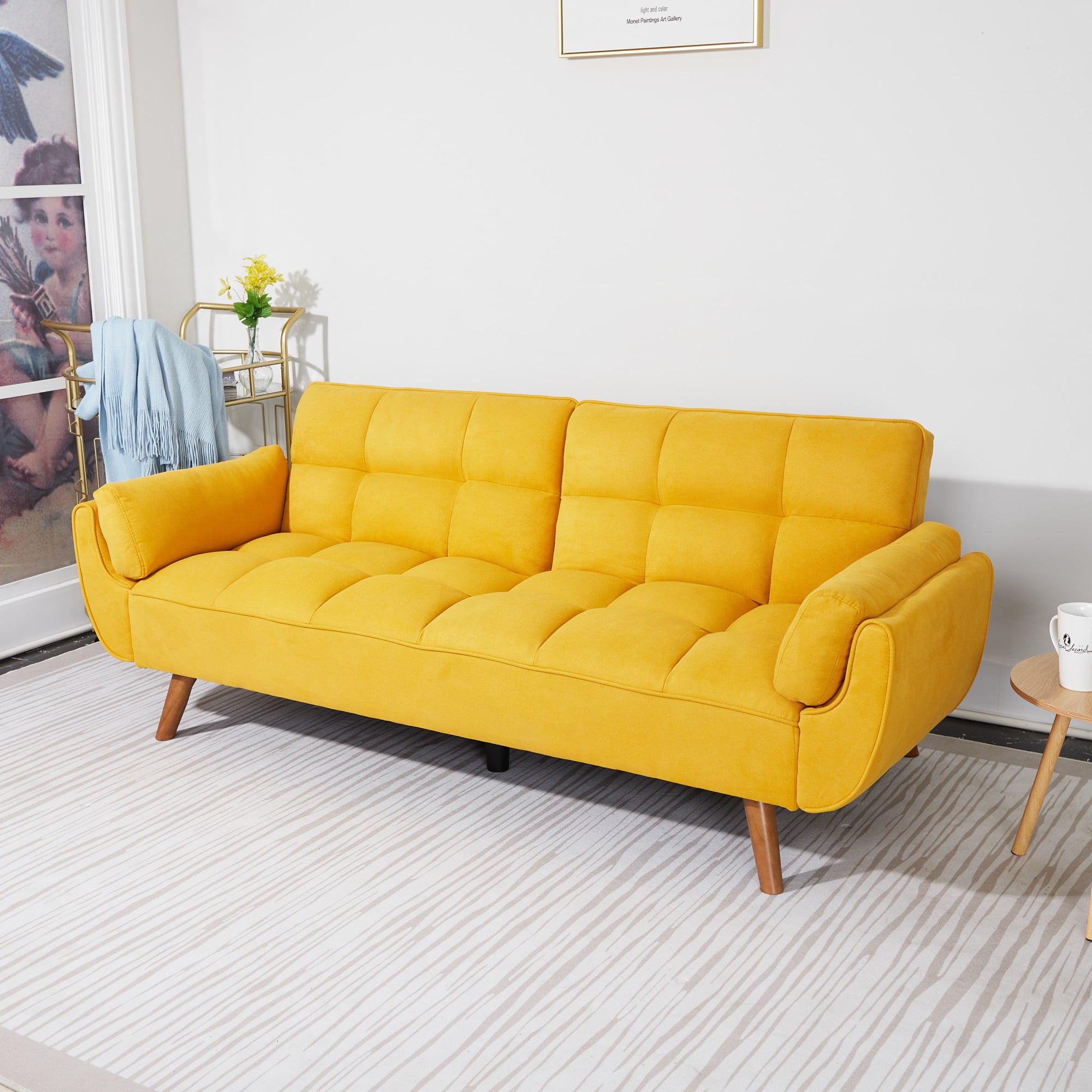 Gewnee Mid-Century Modern Yellow Sofa - Solid Eucalyptus Wood Frame, 500 lbs Capacity, S-Shaped Springs for Apartments, Living Rooms, Studies