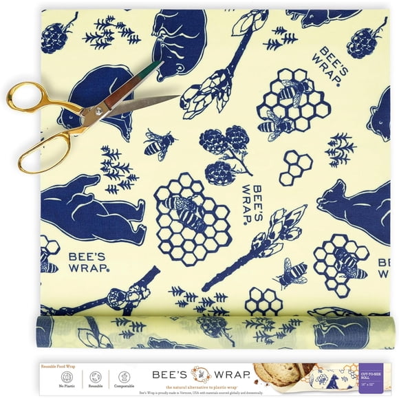 Beeswax Wraps for Food - Cut to Size 14x52" Beeswax Wrap Roll - Plastic Free Made in USA Reusable Natural Food Wrap - Bees & Bears