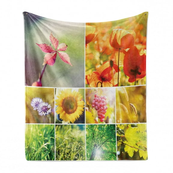 Country Soft Flannel Fleece Throw Blanket, Flourishing Spring Collage with Grapes Trees and Sunflowers Seasonal Countryside, Cozy Plush for Indoor and Outdoor Use, 50" x 70", Multicolor, by Ambesonne