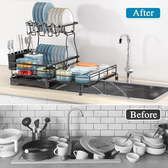 2 Tier Extendable Dish Drying Rack, Large Stainless Steel Dish Rack with Drainboard, 2-in-1 Over Sink or Counter Design for Space-Saving Kitchen Organization