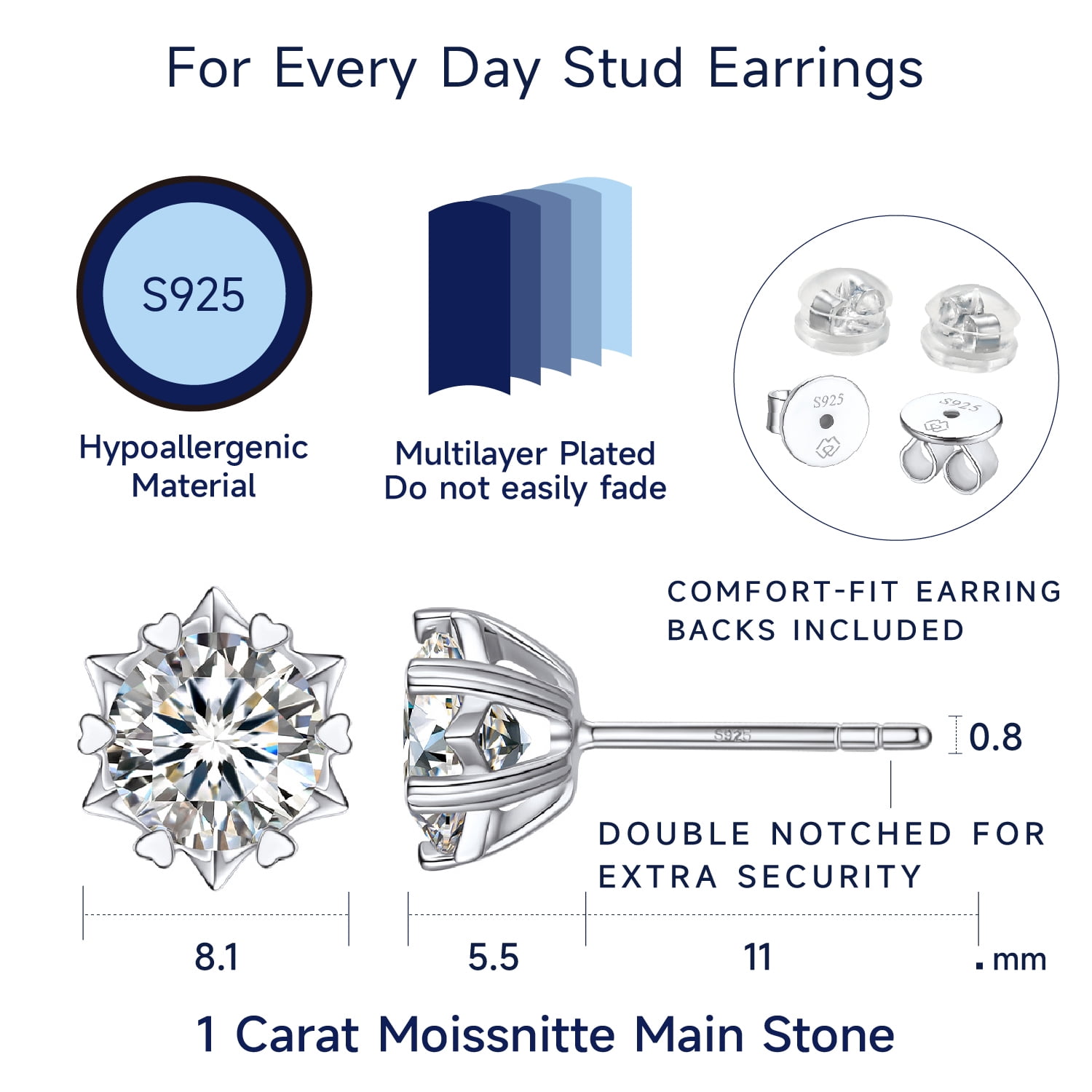 MomentWish 2 Carat Moissanite Solitaire Studs Earrings 925 Sterling Silver Anniversaries Graduation Gift for Women