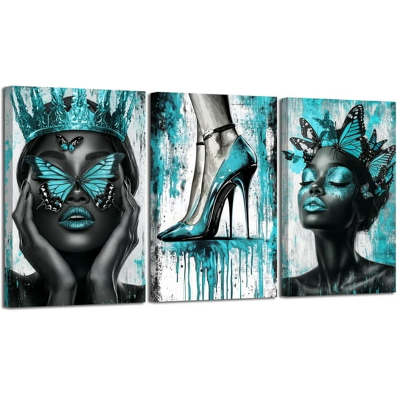 Hieng 3 Pieces Black Woman Wall Art Queen and Butterfly Pictures African American Canvas Prints Crown Poster High Heel Paintings for Bedroom Decor Unframed