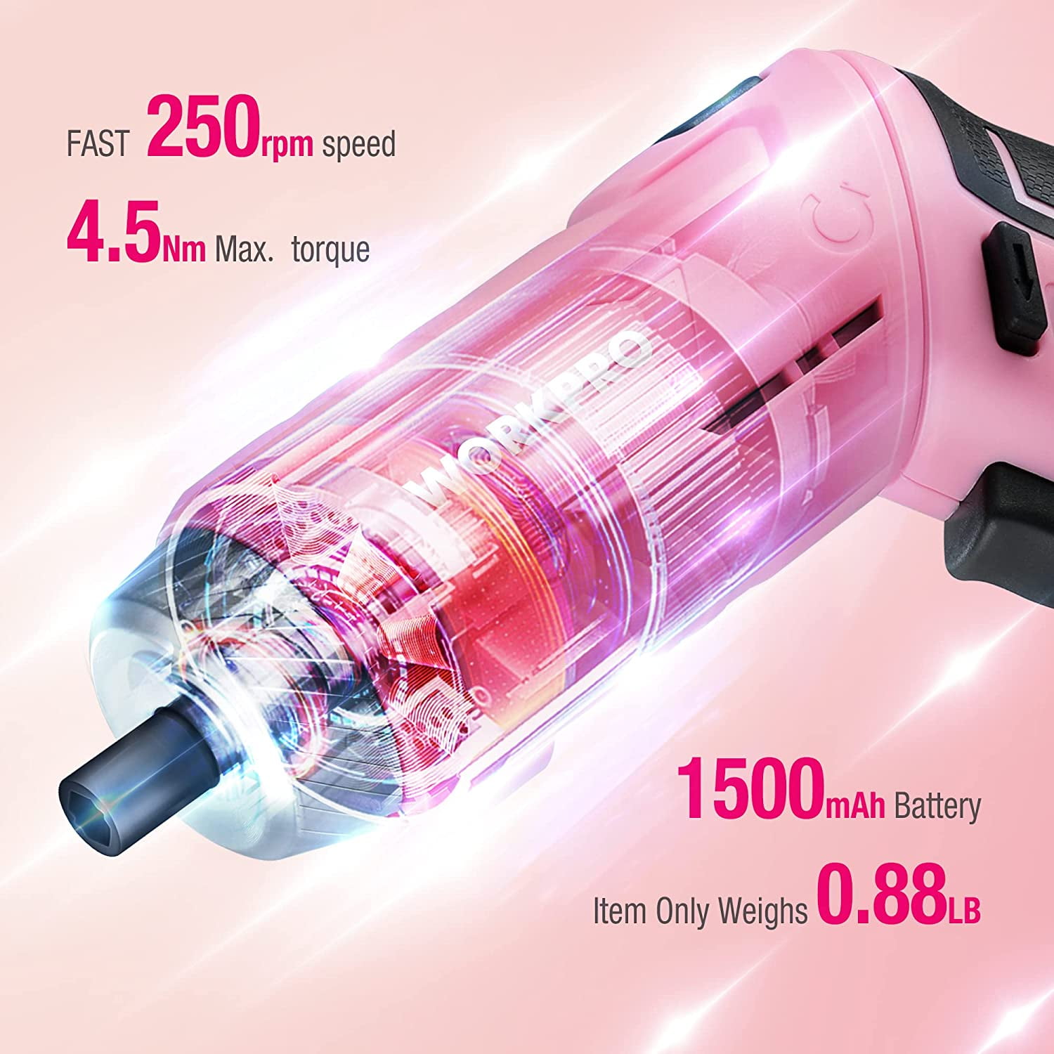 WORKPRO Pink 18-Piece Cordless Electric Screwdriver Tool Set with Rotatable Handle, LED Light, Chrome Vanadium Steel, Portable Toolbox