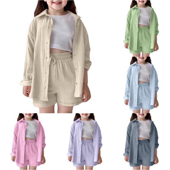 XAOFW Girl's Casual Summer Outfits Long Sleeve Shirts And Shorts Kids Toddler Girls Solid Color Loose Fit Sets For Daily Wear Versatile Clothes Sets 5-6 Years