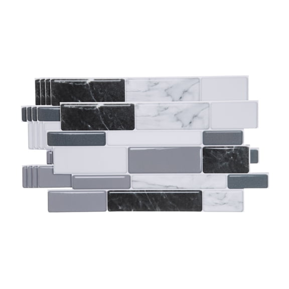 Uxcell 5Pcs Peel and Stick Backsplash Tiles 9.4" x 4.7" 3D Thickened Mable Texture Self-Adhesive Tile Stickers Wallpaper Wall for Kitchen Bathroom Bedroom, Black White Gray