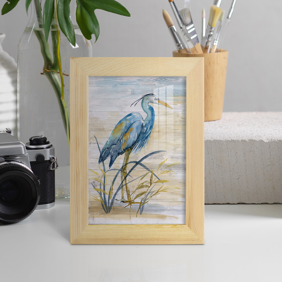 Blue Heron I -Framed Print w/glass-Natural Wood