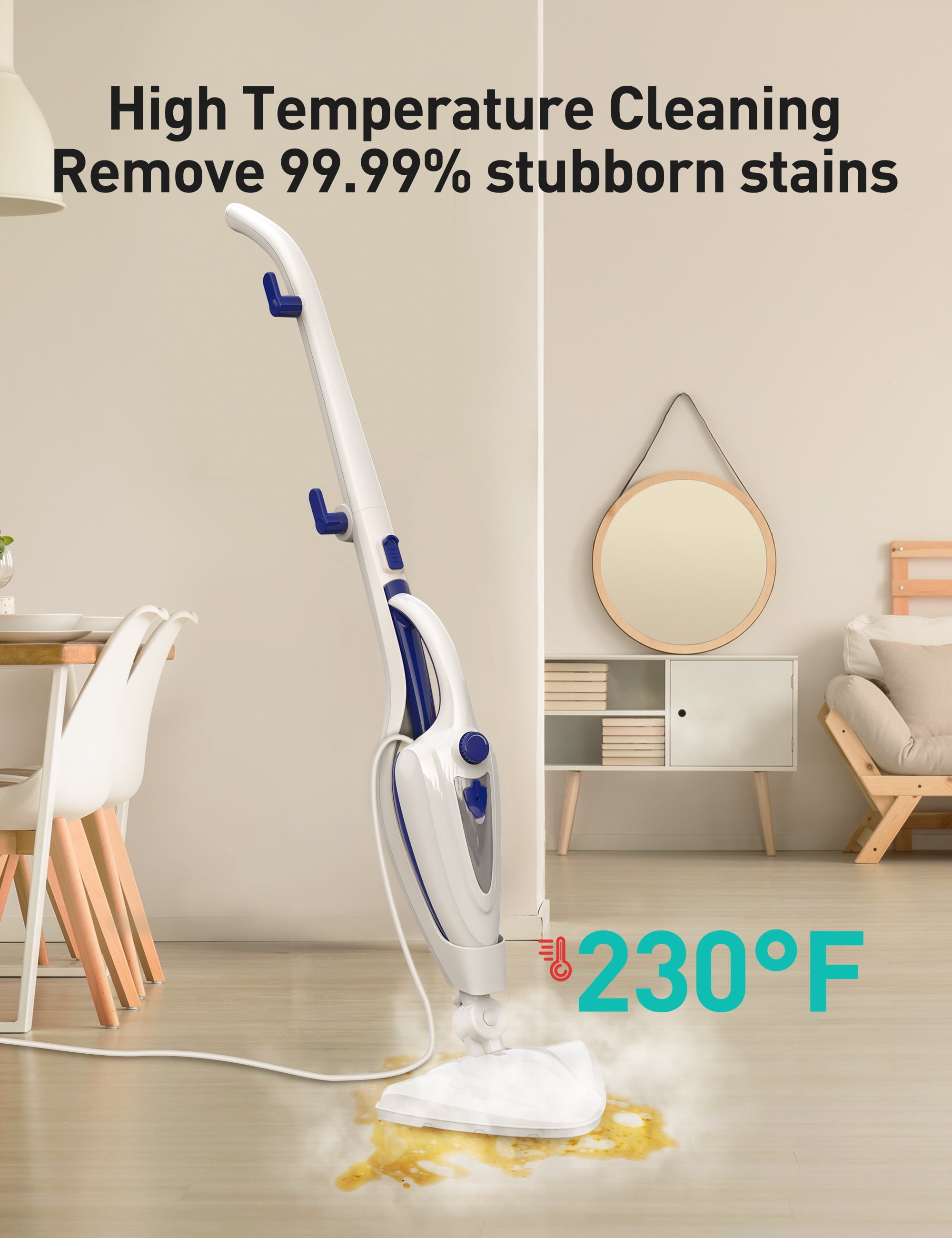 Steam Mop 12-in-1, 1500W Detachable Handheld Steam Cleaner, Fast 15s Heat-Up, 2 Dirt Grip Pads, Removes 99.99% Stubborn Stains for Hardwood Floors, Clothes, Windows, Tiles, Furniture, Blue