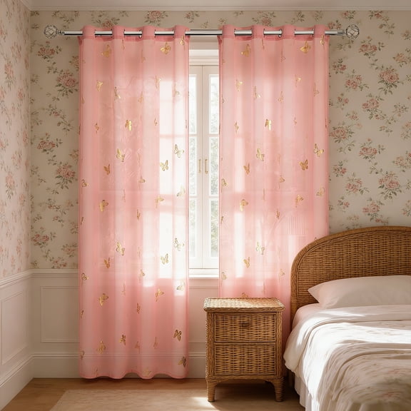 syligr Pink Butterfly Sheer Curtains with Gold Stamping Home Decor Window Treatment 39 x 51 Inches Light Filtering Polyester Valance for Living Room Bedroom Bathroom Farmhouse Decor