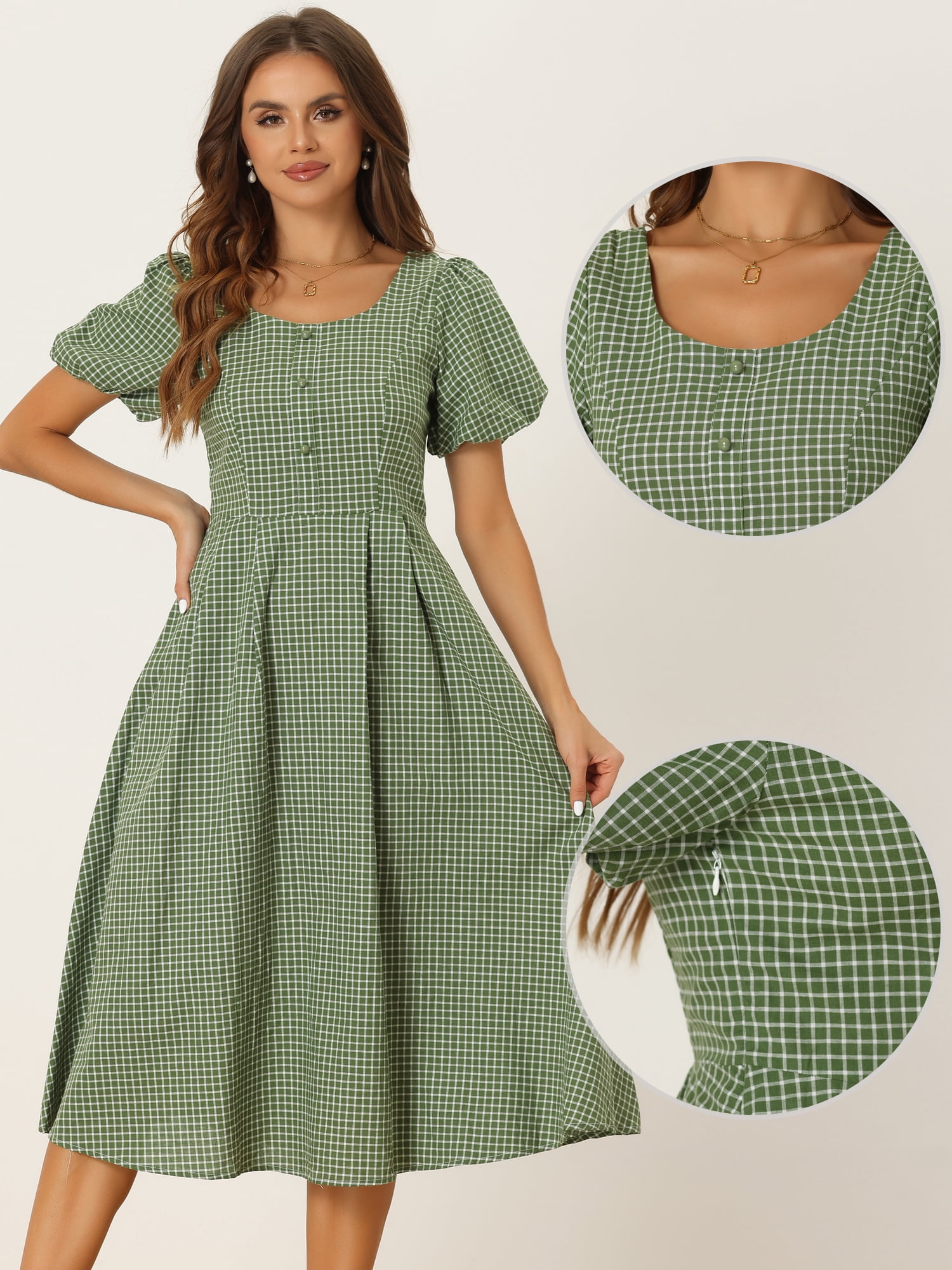 DARING DIVA Smocked Back Puff Short Sleeve Midi Dress S Green