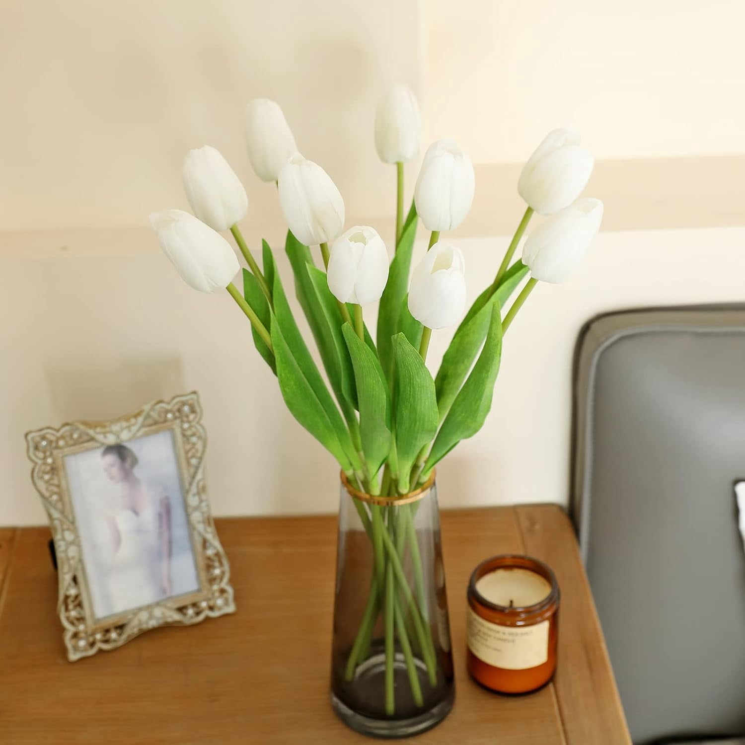 10Pcs Yellow Artificial Tulips Silk Flowers, Long Stem and Green Leaves, Fake Flowers Decoration for Vase, Wedding, Party, Kitchen, Office, Home, Bedroom, Table Centerpiece Decor