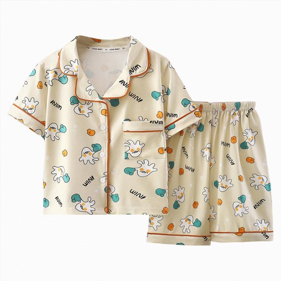 KPOPLK Girls Pjs Outfit Toddler Girl 2 Piece Button Down Cute Print Short Sleeve & Shorts Pjs Set Soft Fun Sleepwear for Kids Clothes Size 7-8 Years,Yellow
