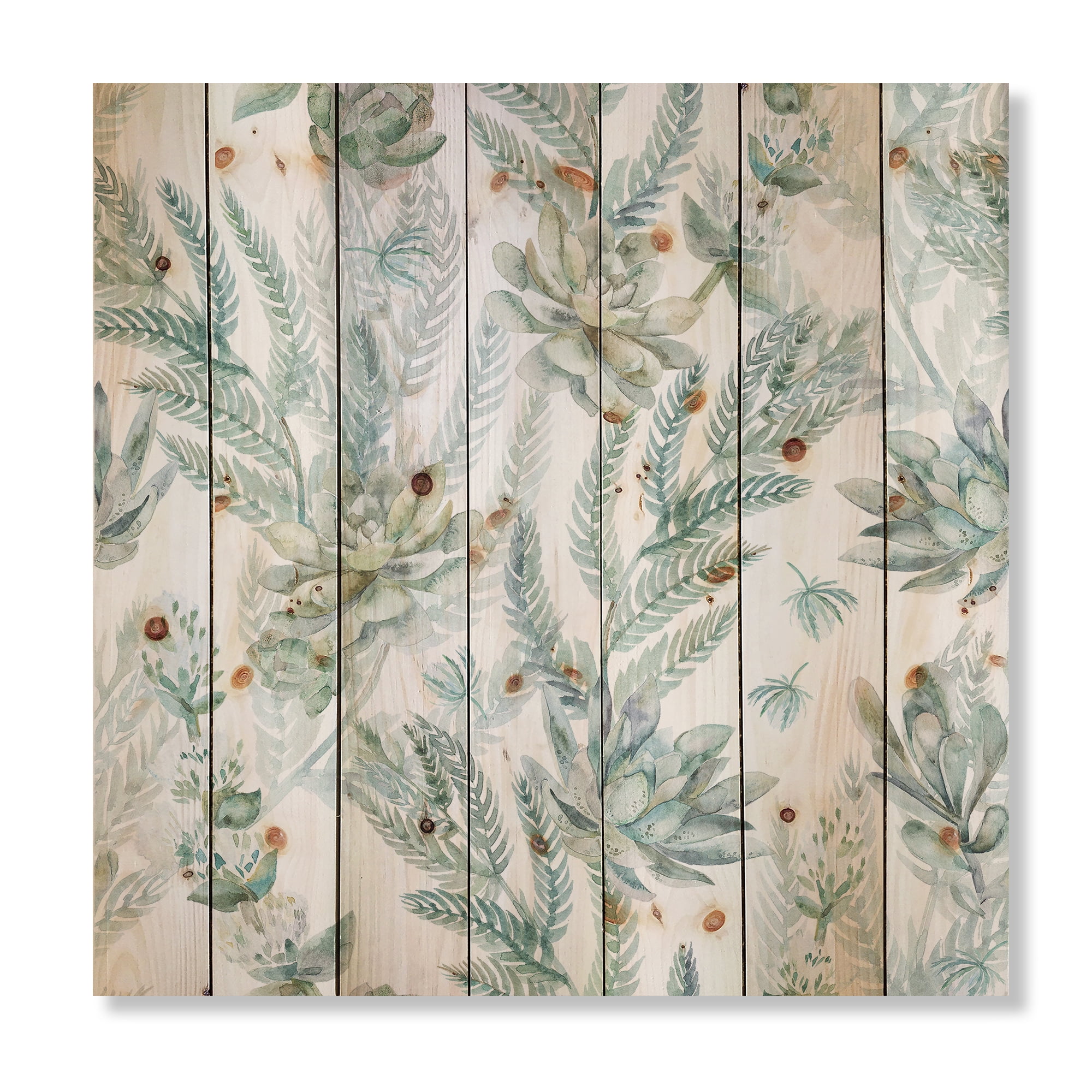 Designart 'Floral Seamless Pattern Succulents and Ferns Thorns' Farmhouse Print on Natural Pine Wood