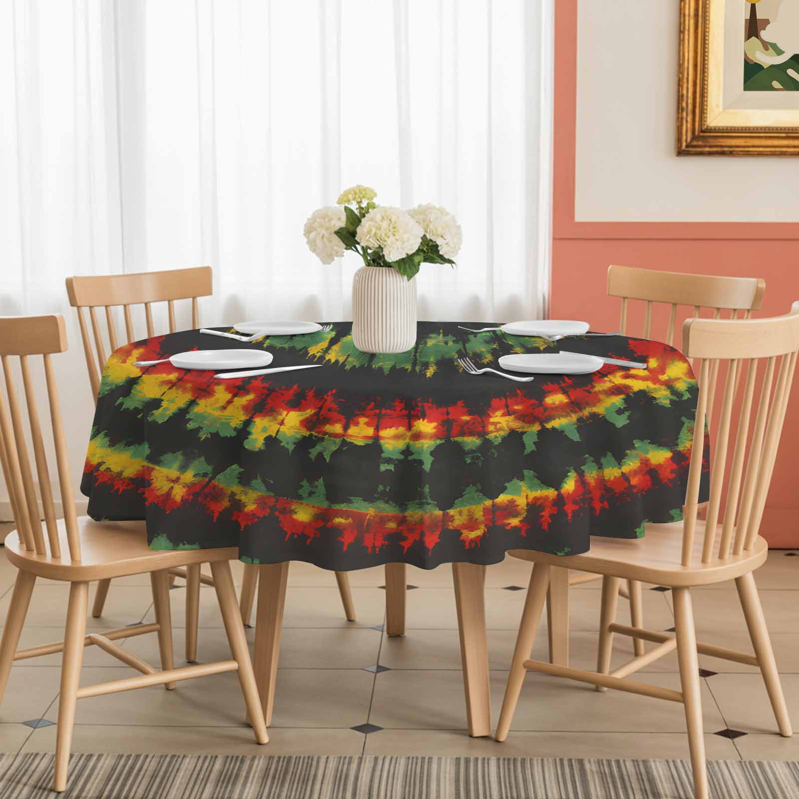 Round Tablecloth Abstract Ethnic Tie Dye Waterproof Oil Proof Polyester Table Cloth Cover Decor for Home Dining Outdoor,Patio,Parties, 60" Dia. Red Green Yellow Black