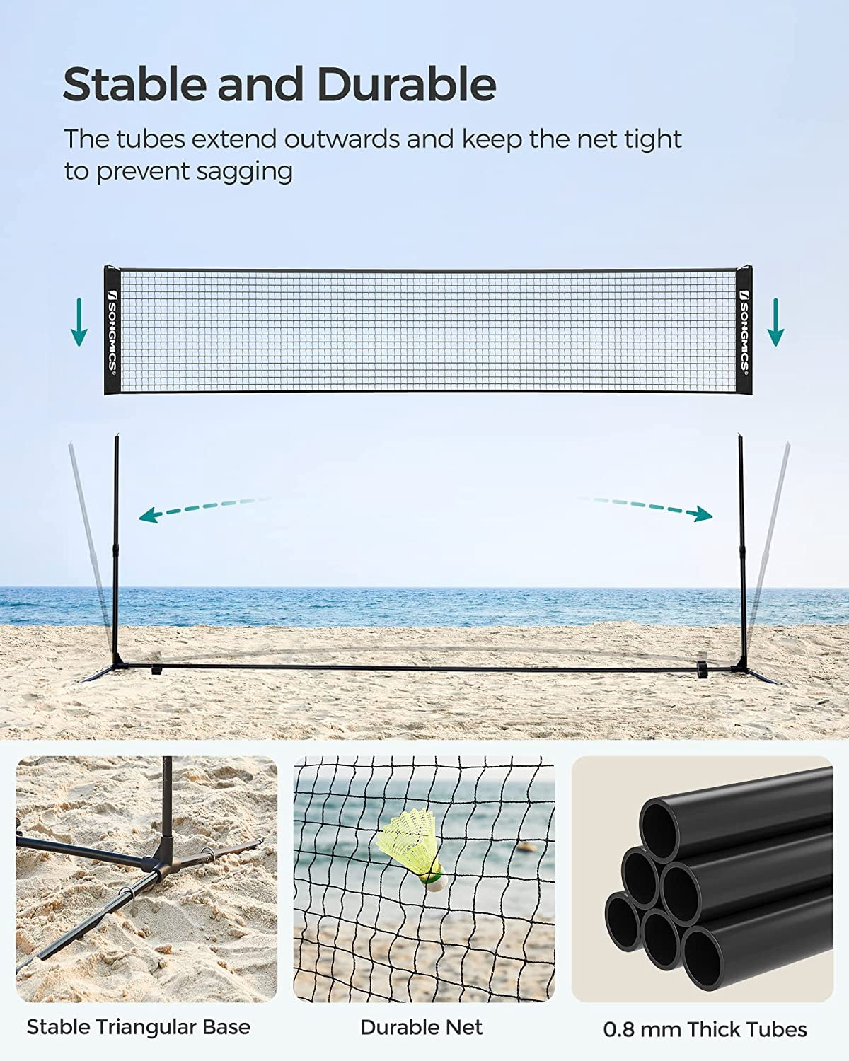 SONGMICS Badminton Net Set Portable Sports Set for Badminton Tennis Kids Volleyball Pickleball Easy Setup Nylon Net with Poles for Indoor Outdoor Court,10FT