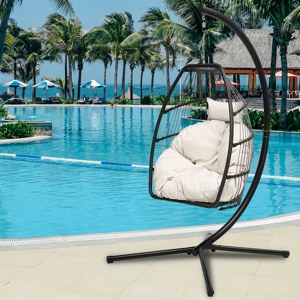 Hanging Chair Swing Egg Chair, Outdoor Rattan Egg Swing Chair, Heavy Duty Hammock Chair with Stand, Cushion and Pillow, Steel Frame Loading 250lbs for Indoor Outdoor Bedroom Patio Garden, B047 - image 2 of 10