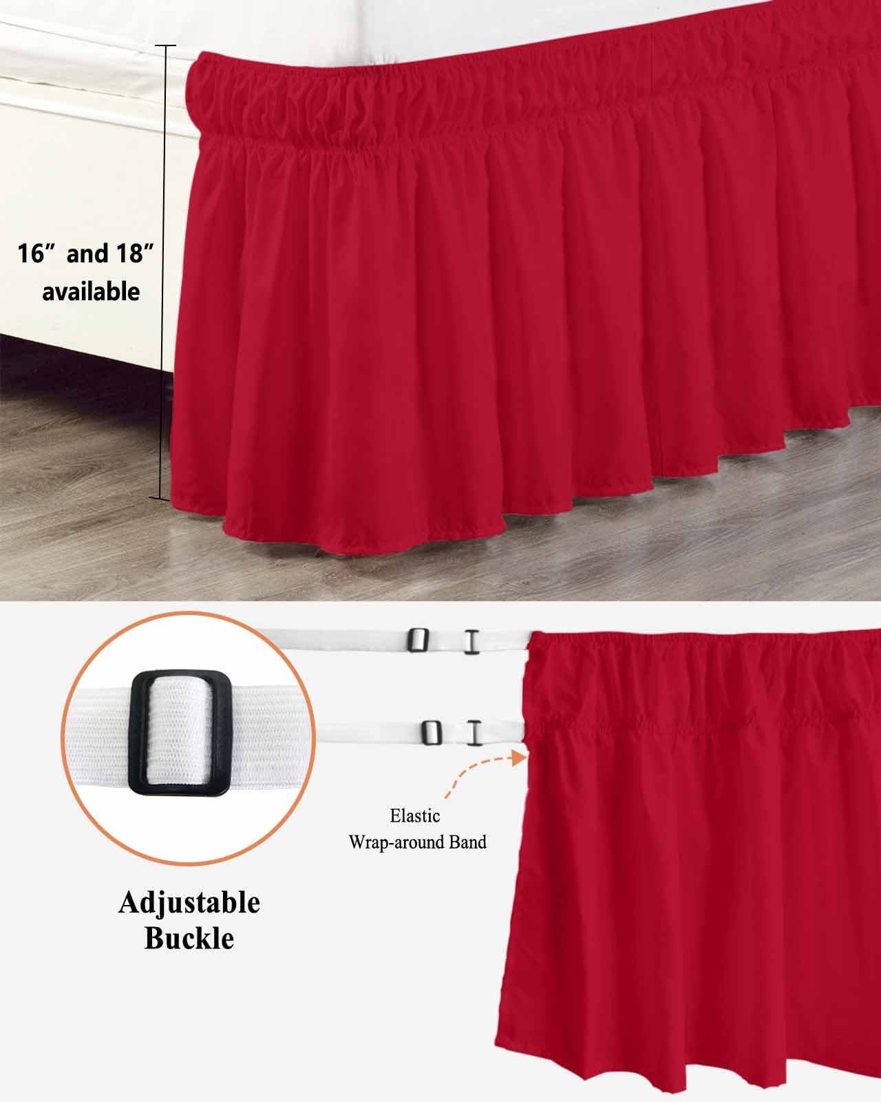 Solid Color Bed Skirt King Size 16" Drop Red Ruffled Wrap Around Bed Skirts Adjustable Elastic Bedskirt Dust Ruffle for King Size Bed