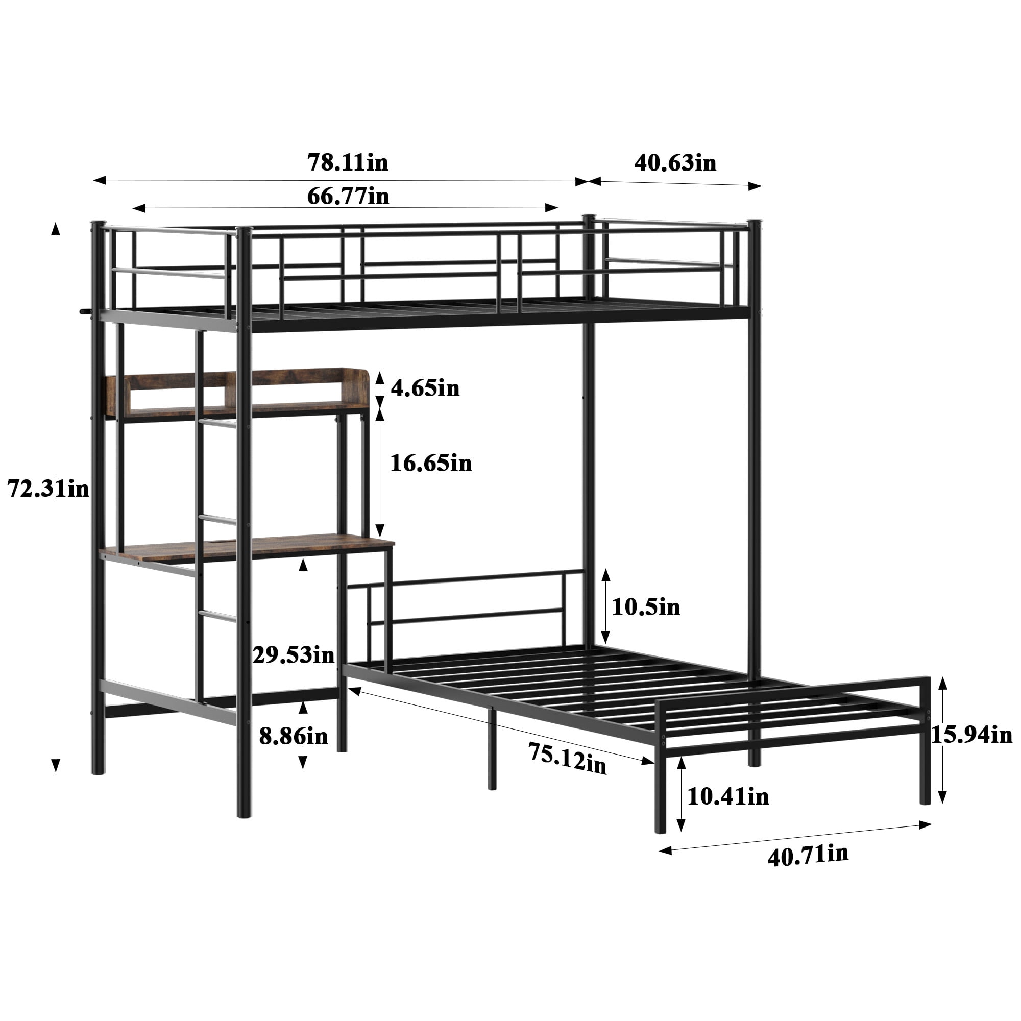 Gewnee Twin Over Twin Szie Metal Bunk Bed with Built-in Desk, Charging Station,Storage Shelves & Bookcase,Space-Saving for Teen,Dorm,Guest Room,No Box Spring Needed.Black