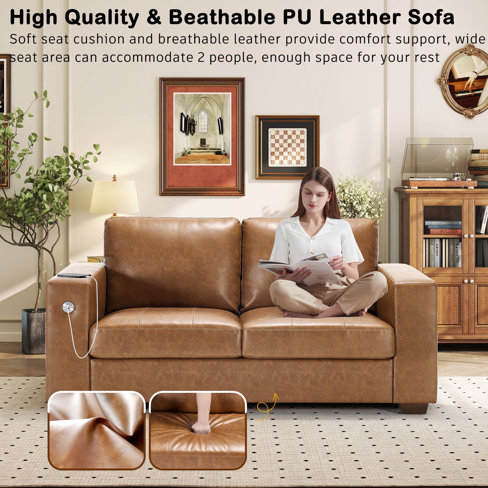 BedLuxury 70” PU Leather Loveseat Sofa,Comfy Modern 2-Seats Sofa for Small Space and Living Room, Removable Cover, Wide Armrest,USB/Type-C Port, Brown