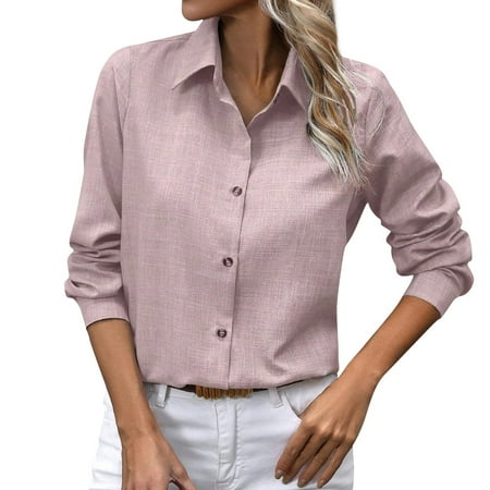 IUZSOKIL Womens Button Down Shirt Linen Button Up Shirts for Women Long Sleeve Dress Shirt Collared Blouse Tops Tunics Pink M