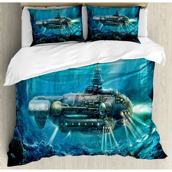 Fantasy Duvet Cover Set, Science Fiction Inspired Submarine Underwater Futuristic Digital Illustration, Decorative 3 Piece Bedding Set with 2 Pillow Shams, Queen Size, Grey and Aqua, by Ambesonne