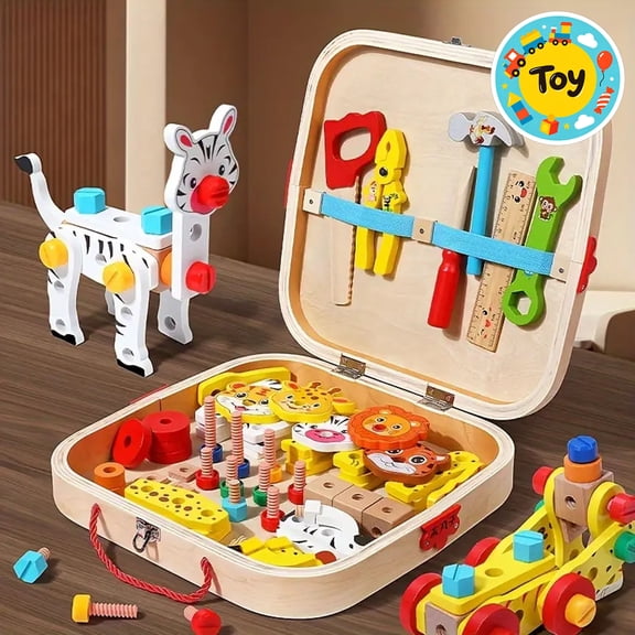 Wooden Builder Pretend Play Toys, Animal Nut Bolt Assembly Set with Portable Storage Tool Box, Disassemble Construction Blocks, Christmas Birthday Gifts, Toys for Toddler Baby Kids Boys Girls, Age 3