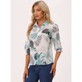 thumbnail image 4 of Tops transparentes con estampado de hojas ligeras y mangas 3/4 con cuello de punto para mujer Verde L, 4 of 6