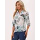 thumbnail image 4 of Tops transparentes con estampado de hojas ligeras y mangas 3/4 con cuello de punto para mujer Verde L, 4 of 6