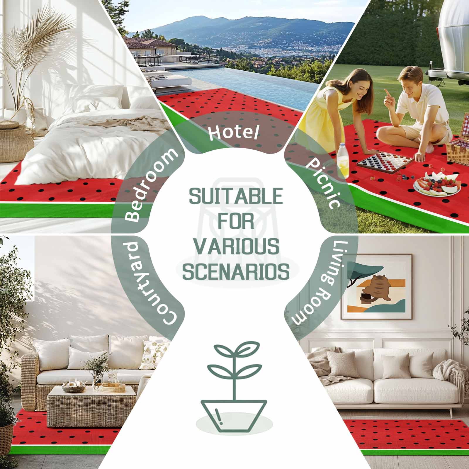 5' x 8' Outdoor Rug, Watermelon Outdoor Washable Rug Large Floor Carpet, Black Polka Dots Green Summer Fruits Non Shedding Area Rug for Outside Patio RV Porch Deck Balcony Camping Living Room