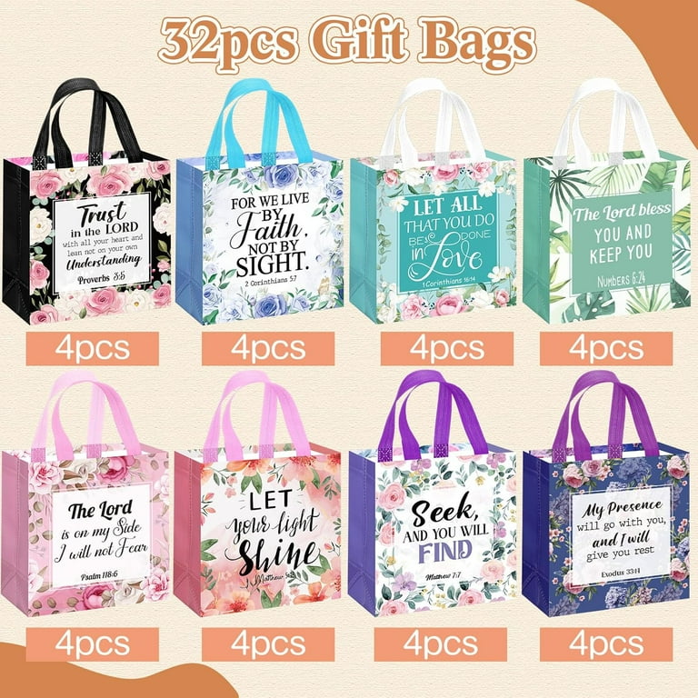 32 Pcs Christian Gift Bags with Handles, Non Woven Bible Verse