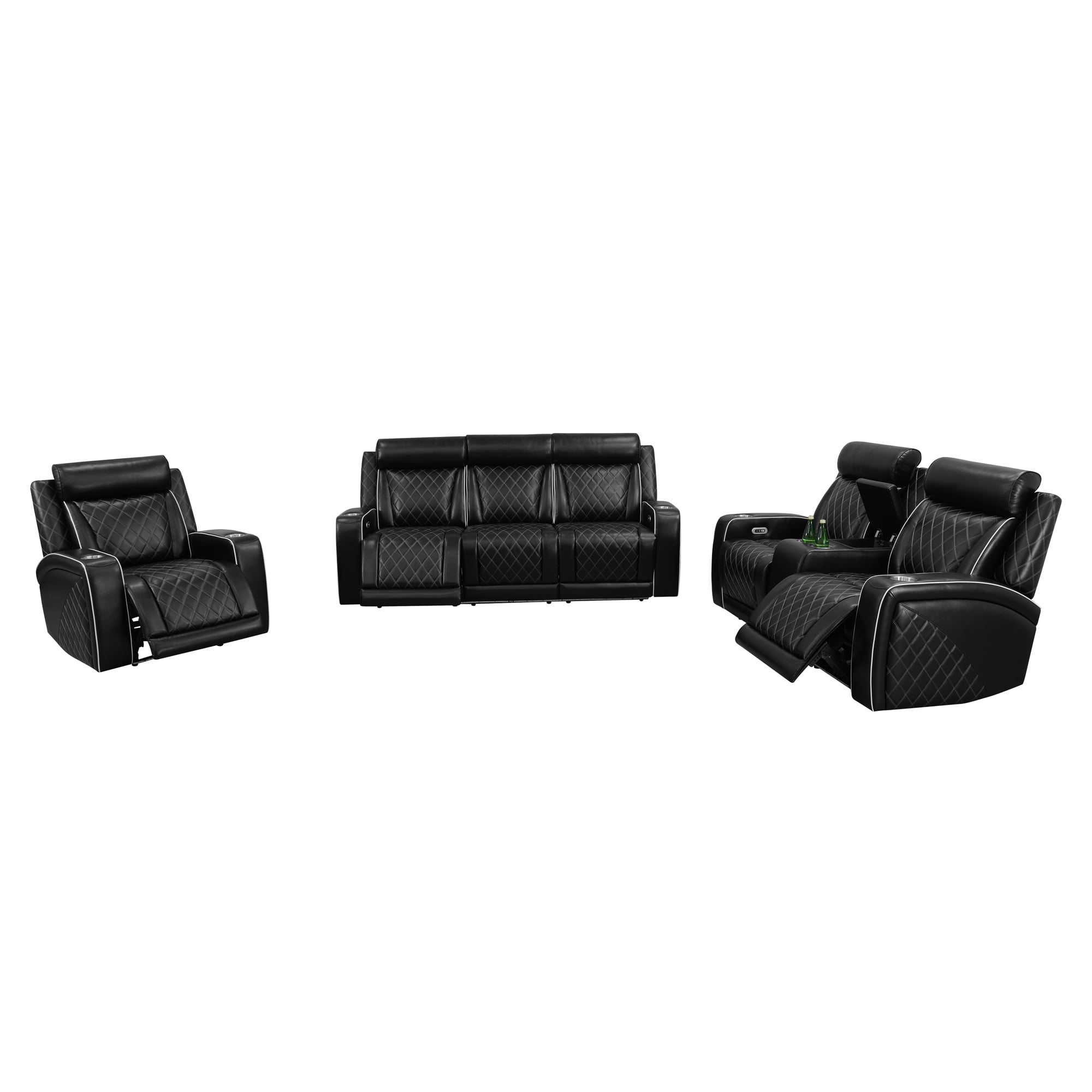 Gewnee 3-Seat Power Adjustable Sofa with One Recliner, Console & Cup Holders, Air Leather, Adjustable Reclining Angles, Suitable for Living Room, Black