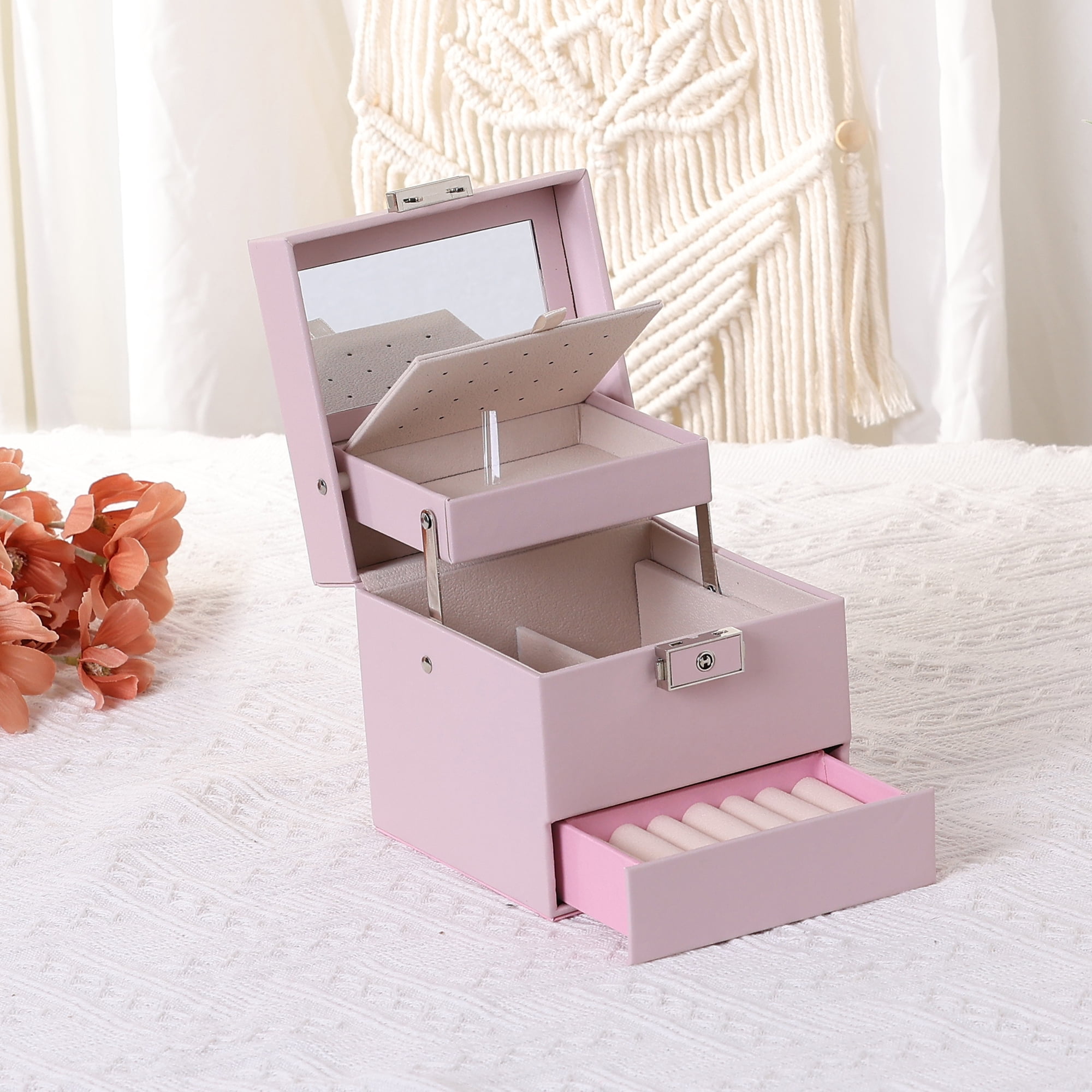 Unique Bargains 3 Layer Jewelry Box with Mirror PU Leather Jewelry Organizer for Women Pink