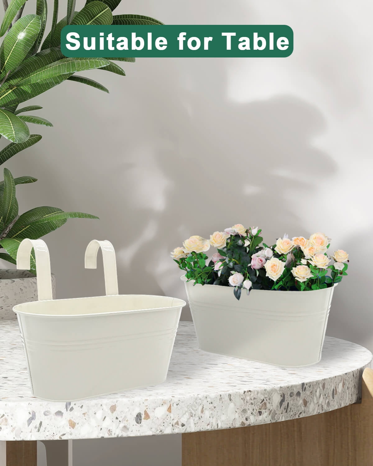 Metal Railing Planter for Outdoor Plants - 5 Pack Balcony Hanging Flower Pots with Detachable Hooks and Drain Holes Oval Bucket Rail Box Fence Planters for Home Garden Decor, White