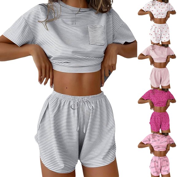 Endives Women's Two Piece Pajama Set Comfy Summer Pajamas for Women Loose Fit Sleepwear Short Sleeve Crop Top and Shorts 2 Piece Comfy Loungewear Home Clothing White M