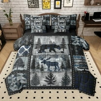 Manfei Boys Girls Animal Bear Deer Wolf 7pcs Bedding Comforter Set,Retro Rustic Cabin Queen Bedding Sets Super Cozy,Geometric Plaid Grid Queen Sheet Sets,Luxury Bedroom Decor,Reversible