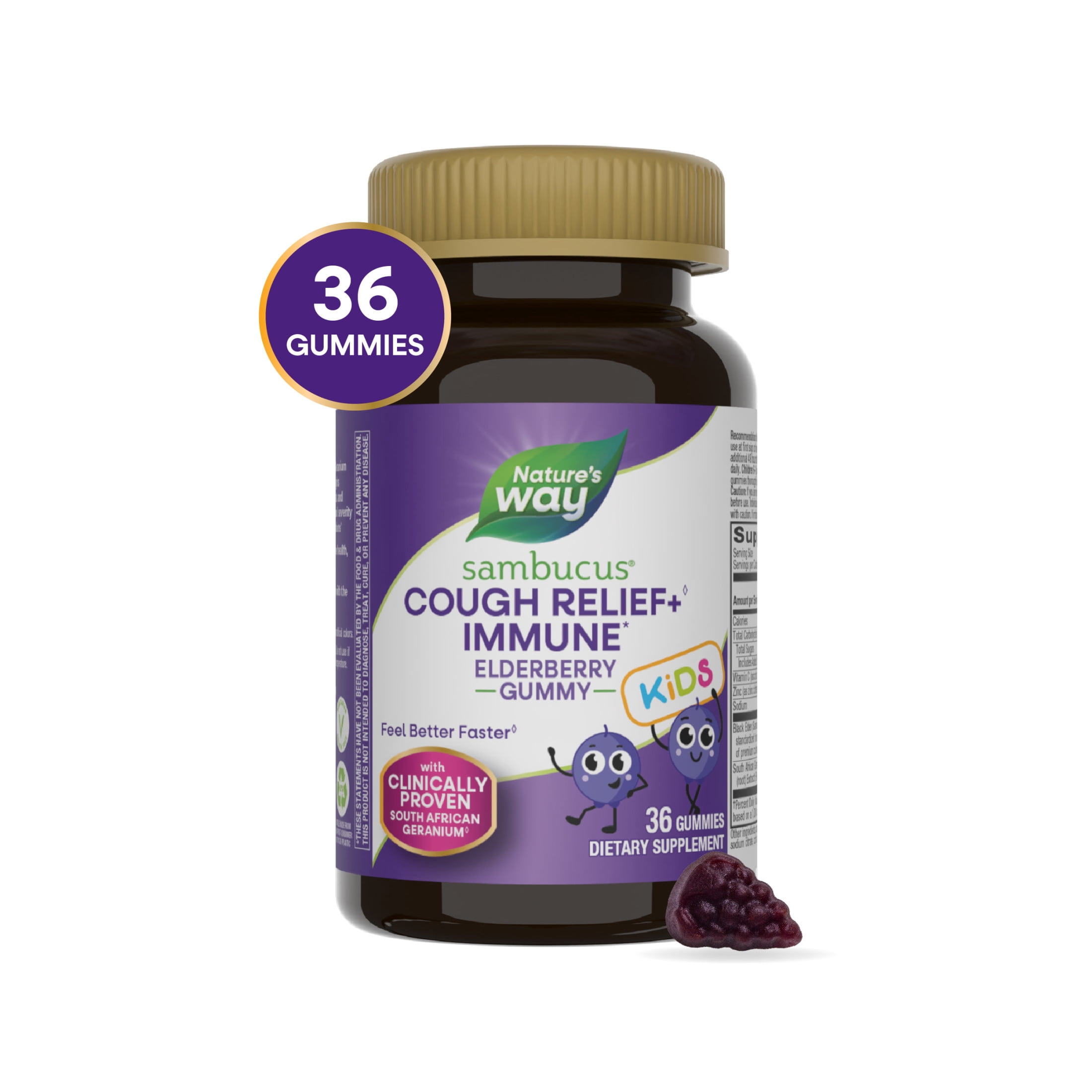 (2 pack) Nature's Way Sambucus Kids Cough Relief +◊ Immune* Gummies, Elderberry Extract & Vitamin C, 36 Count