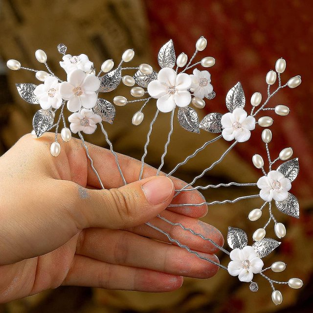 Horquillas para el cabello de boda, 5 piezas de horquillas para el cabello con flores para novia, accesorios para el cabello de boda, joyería nupcial, horquillas para el cabello con perlas p