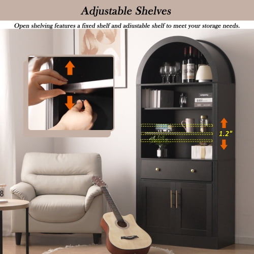 70.90"H Arched Bookshelf with Storage Cabinet, Tall Display Bookcase with Doors, Drawer & Adjustable Shelves, Freestanding Pantry Cabinet for Living Room, Home Office, Bathroom, Black