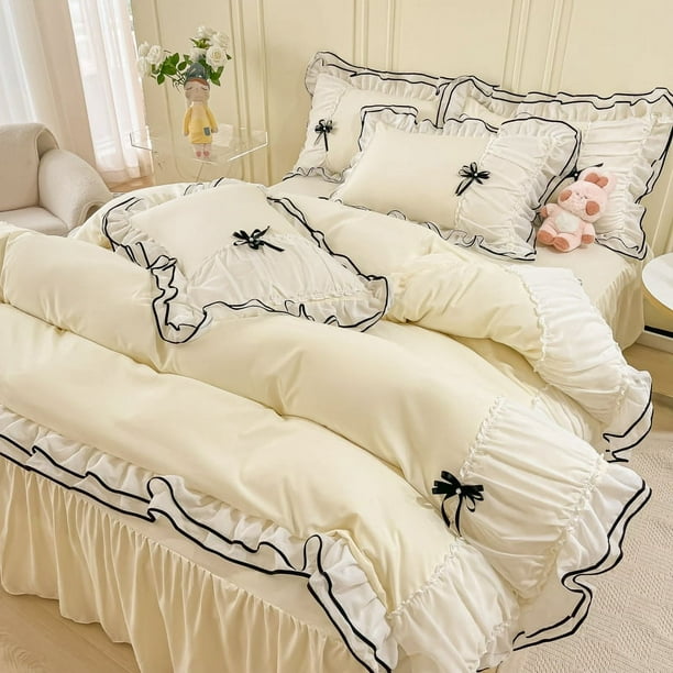 Juego de cama Kawaii Seersucker para niñas, falda de cama de encaje con volantes y lazo de princesa, juego de funda nórdica de color sólido agradable para la piel, tamaño Queen y King