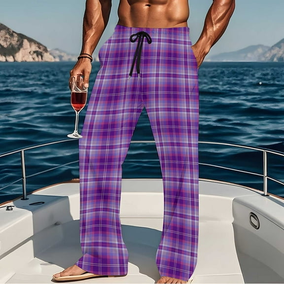 Plaid Pajama Pants for Men with Pockets Drawstring Elastic Waist Pant Casual Loose Breathable Straight Leg Loungewear Sleepwear Pajamas Trousers