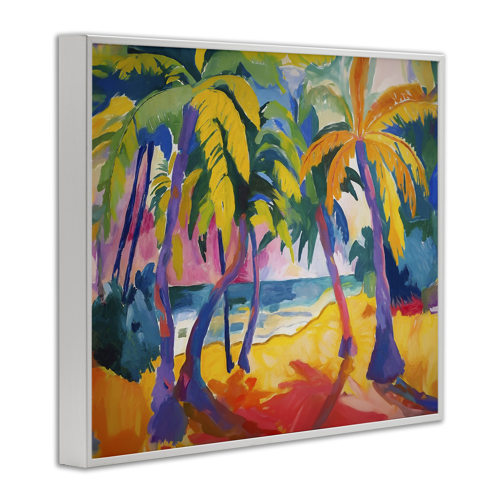 Stupell Industries Tropical Palm Paradise Coastal Painting White Framed Art Print Wall Art, 14 x 11