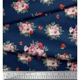 thumbnail image 2 of Soimoi Tissu Satin Modal Bleu Imprimé Feuilles d'Épices & Roses Floral au Mètre 42 Pouces de Large, 2 of 3