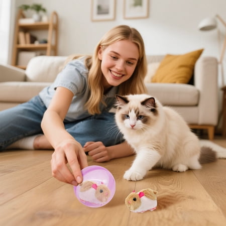 Automatic Rolling Cat Toy Battery Powered Self-Rolling Interactive Pet Ball with Plush Rabbit Hamster Quiet Motion Moving Animal Toy for Indoor Kitten Small Dog Exercise Play