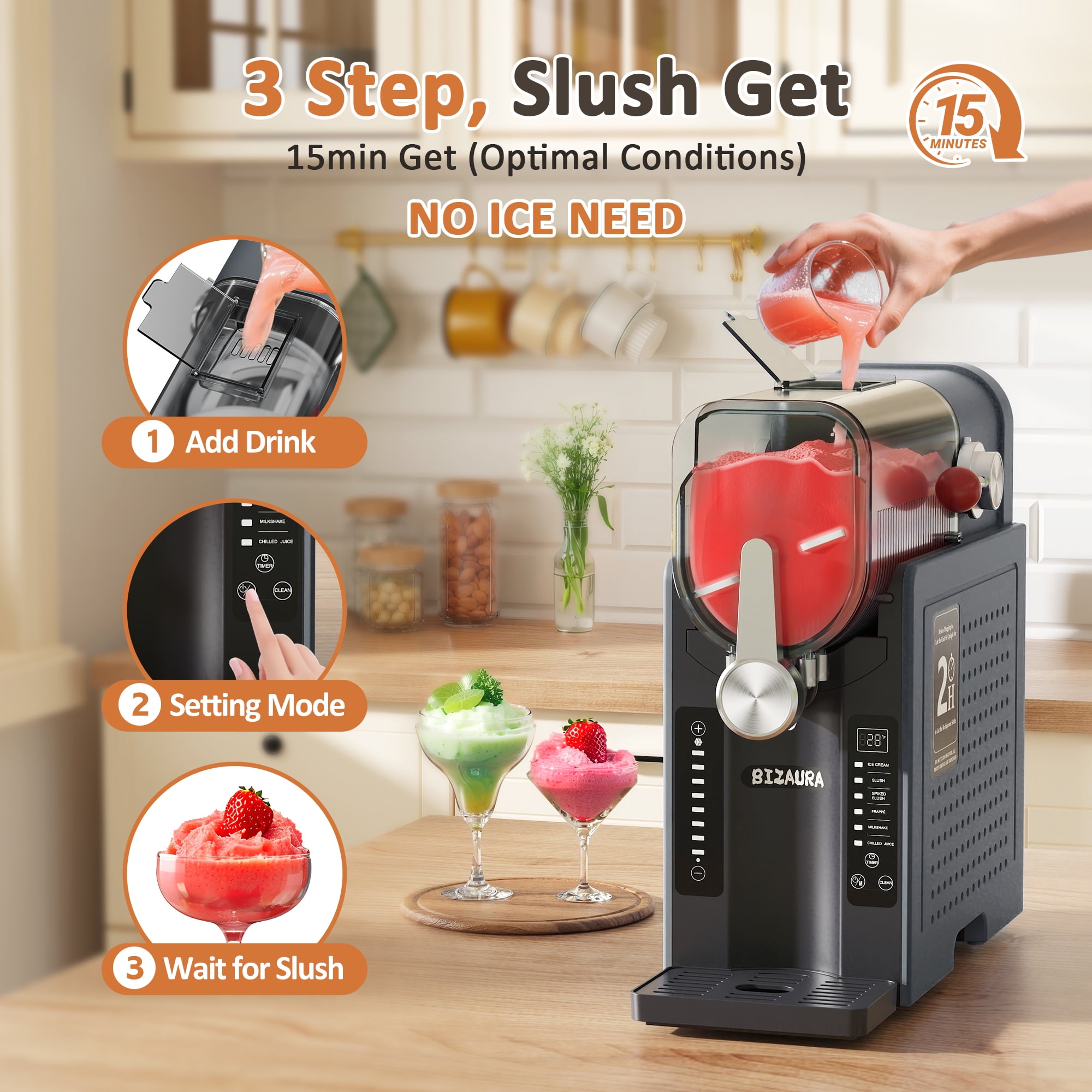BIZAURA Slushie Machine, Slushy Machine for Home No Ice Need, Professional Frozen Drink Maker, 6 Presets for Milkshakes, Frappés, Slush, Ice Cream