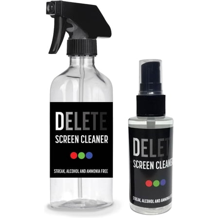 Delete Screen Cleaner Spray Kit, 2 Pack, 16oz and 2oz Bottle and 12"x12" Microfiber Cleaning Cloth, Streak-Free, Safe and Gentle Formula, Multi-Purpose for TVs, Computers, Monitors, Smart Phones