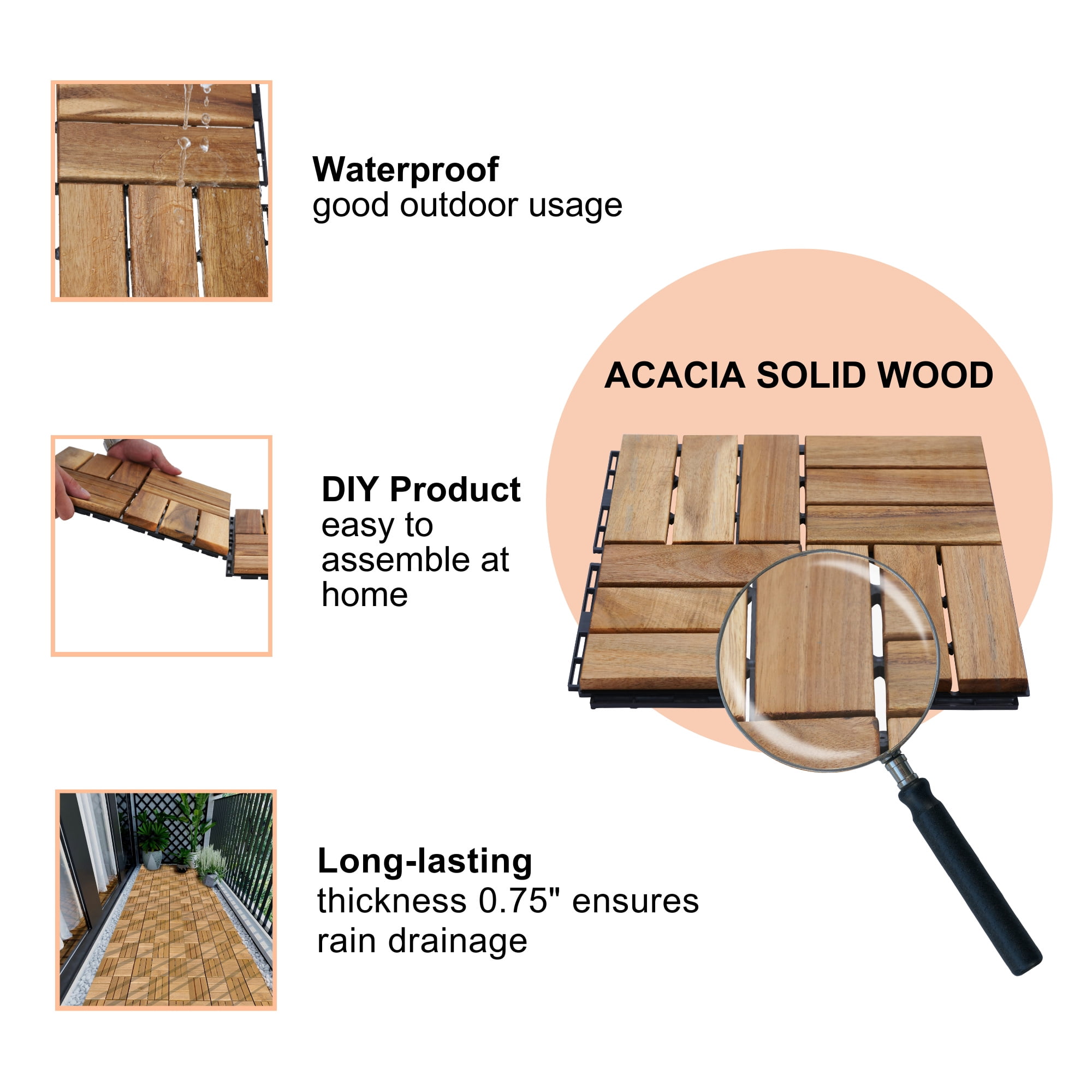 Miniyam 20 PcsInterlocking Deck Tiles, Acacia Solid Wood, 12x12 inch, Outdoor Garden, Natural
