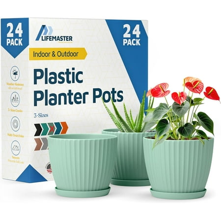 Mint 6-Inch Plant Pots with Drainage & Saucers 24 Pack, Indoor & Outdoor Planters for Houseplants, Herbs, and Flowers, Durable & Weatherproof Material, Stackable, Lightweight, Minimalist Design